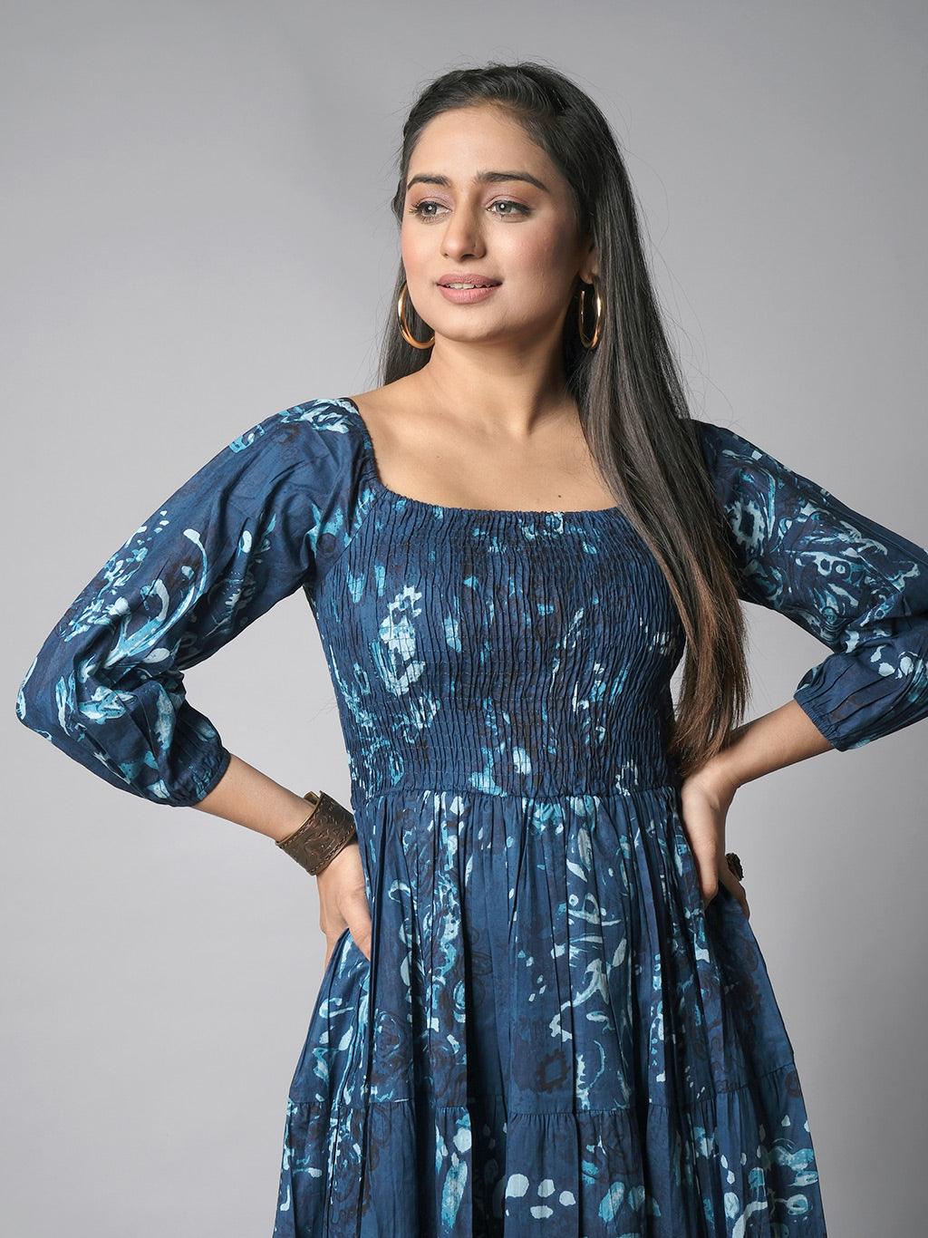Ekisha's women shibori printed navy cotton midi dress - Ekisha