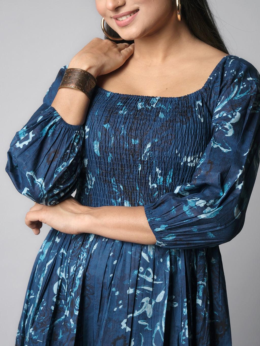Ekisha's women shibori printed navy cotton midi dress - Ekisha