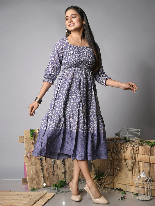 Ekisha's women printed purple cotton shiffli midi dress - Ekisha