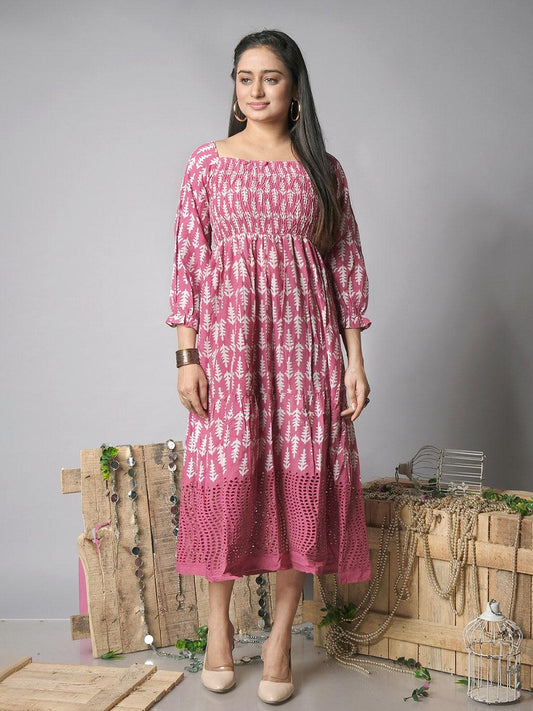 Ekisha's women printed rani cotton shiffli midi dress - Ekisha