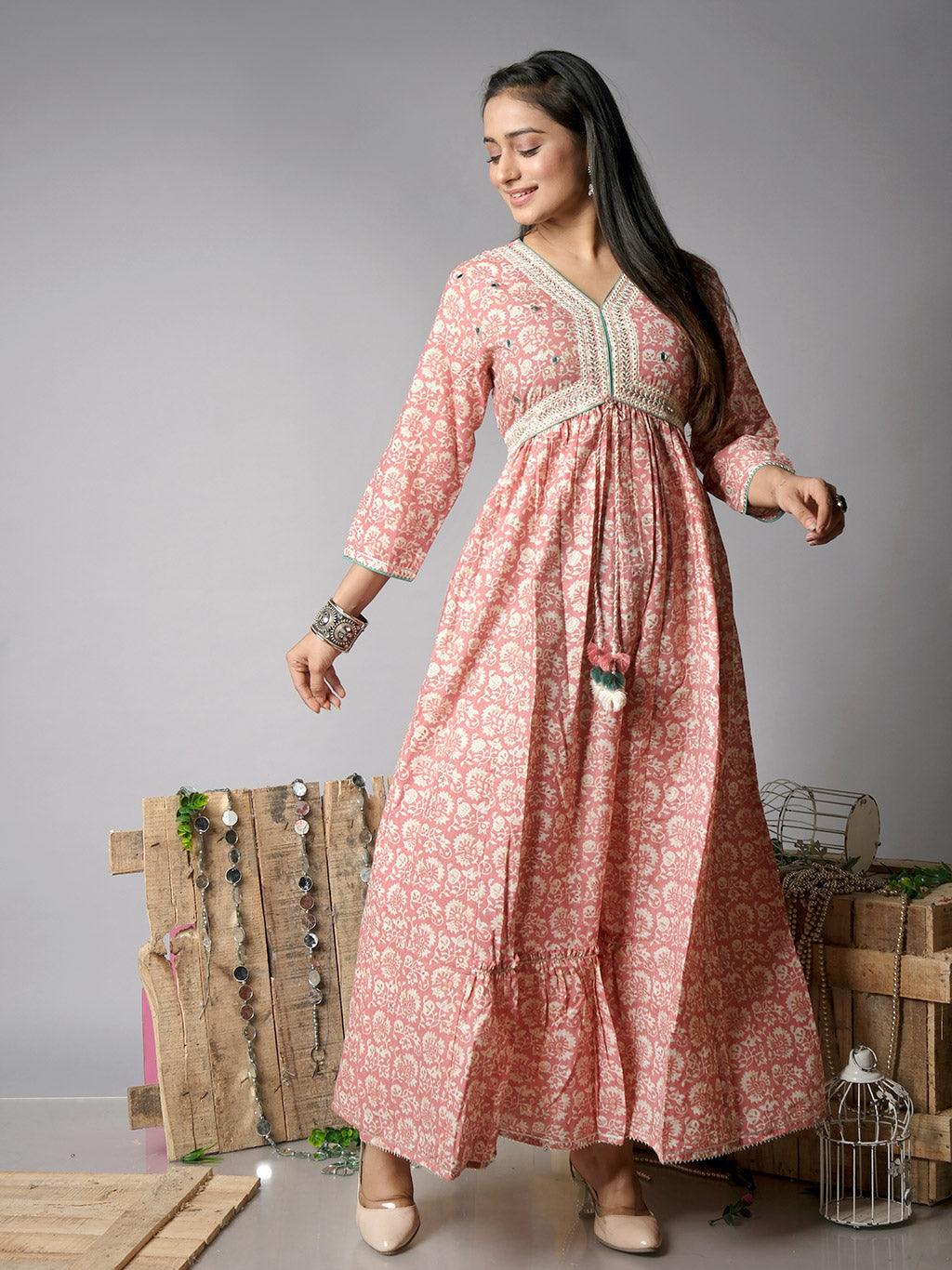 Ekisha's women floral printed peach cotton maxi dress - Ekisha