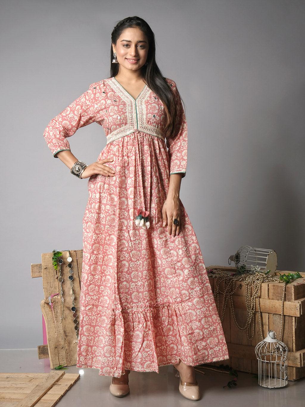 Ekisha's women floral printed peach cotton maxi dress - Ekisha