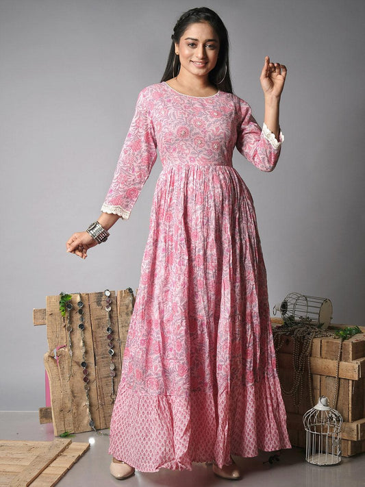 Ekisha's women printed pink cotton maxi dress - Ekisha