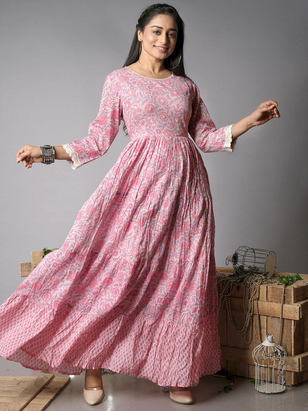 Ekisha's women printed pink cotton maxi dress - Ekisha