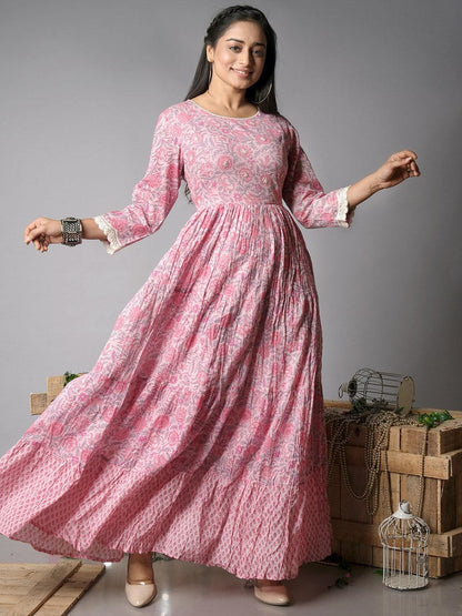 Ekisha's women printed pink cotton maxi dress - Ekisha