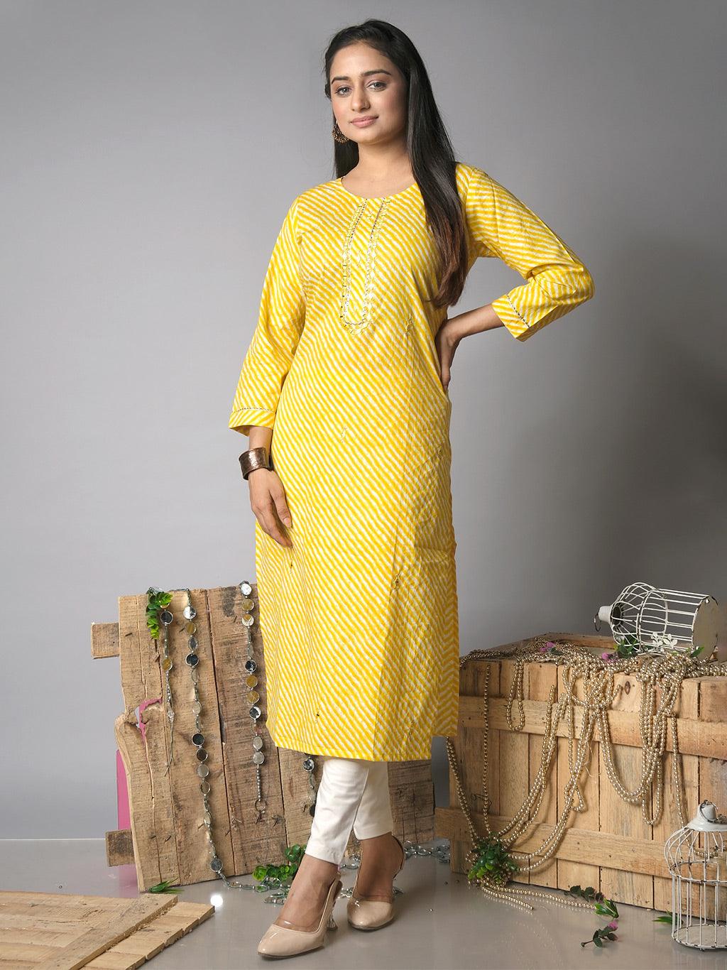 Ekisha's women lehriya printed yellow cotton kurta - Ekisha