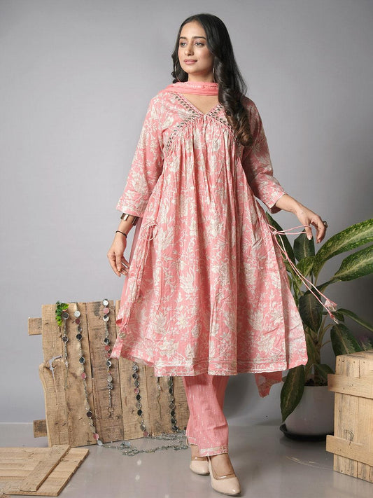 Ekisha's women printed pink floral designer cotton kurta and pant set with dupatta - Ekisha