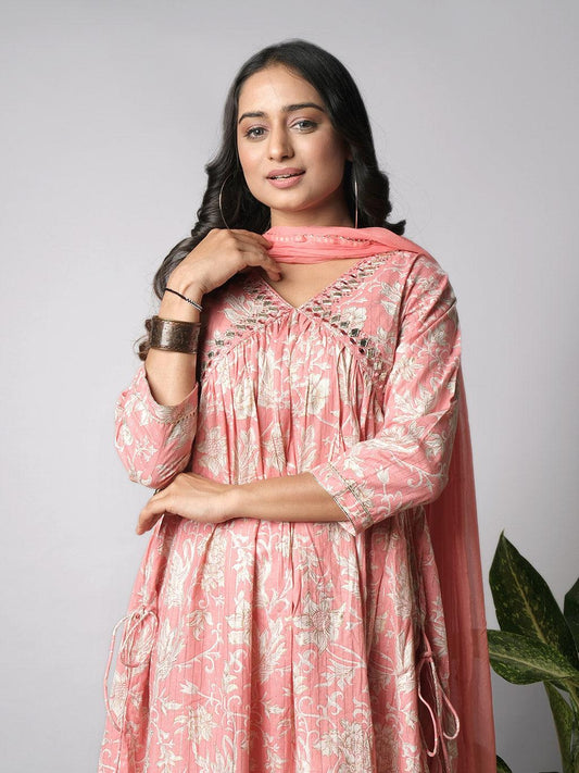 Ekisha's women printed pink floral designer cotton kurta and pant set with dupatta - Ekisha