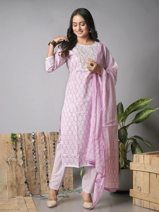 Ekisha's women printed purple designer cotton kurta and pant set with dupatta - Ekisha