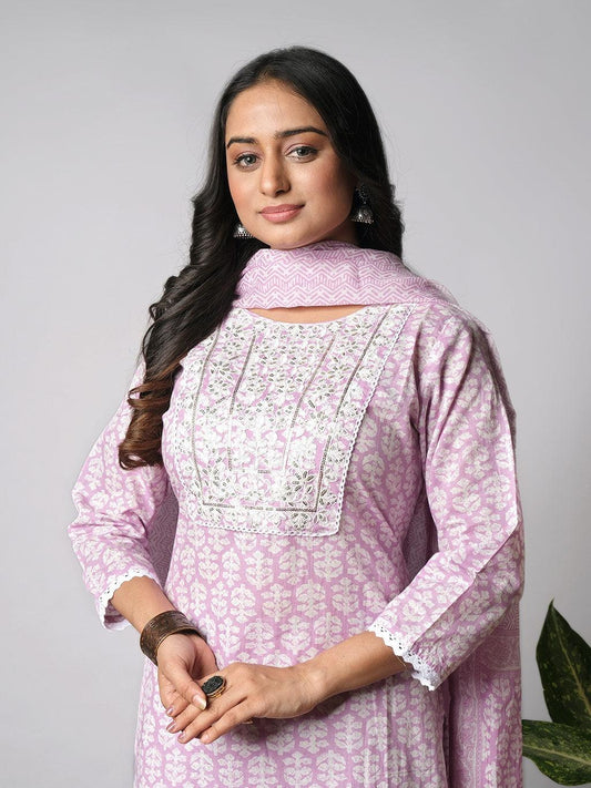 Ekisha's women printed purple designer cotton kurta and pant set with dupatta - Ekisha