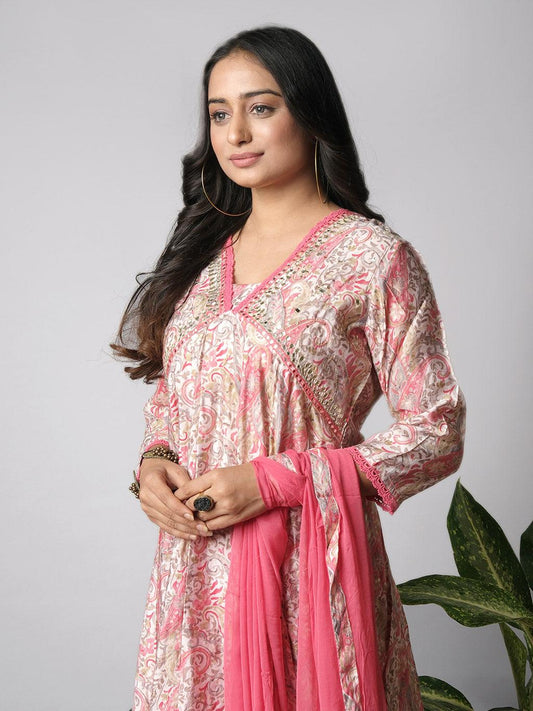 Ekisha's women printed pink rayon kurta and pant set with dupatta - Ekisha