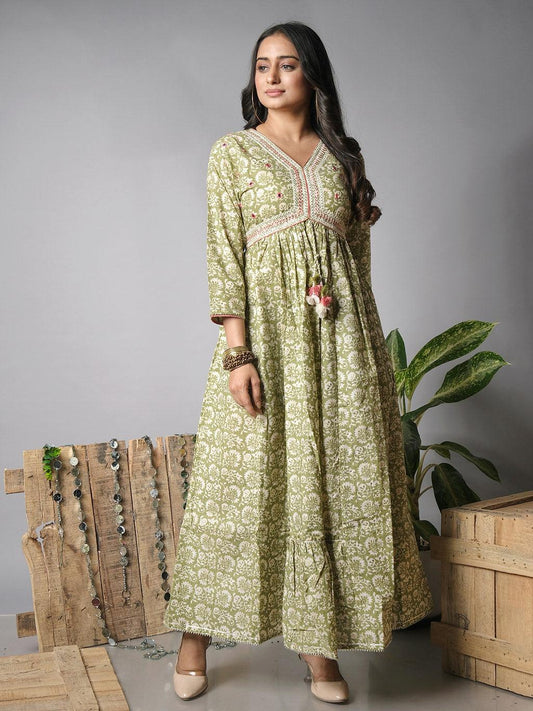 Ekisha's women floral printed green cotton maxi dress - Ekisha