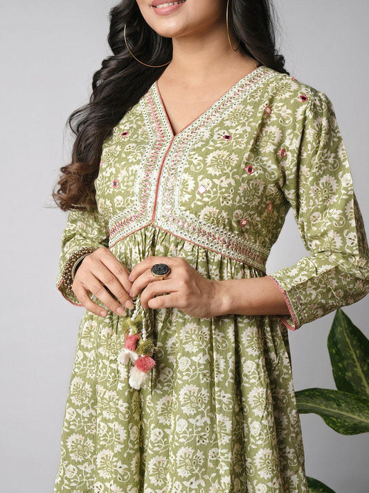 Ekisha's women floral printed green cotton maxi dress - Ekisha