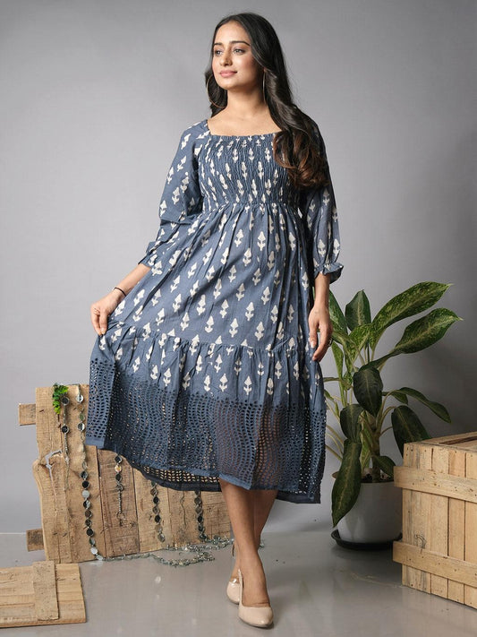 Ekisha's women printed grey cotton shiffli midi dress - Ekisha