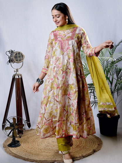 Ekisha's women printed mehandi embroidered cotton kurta and pant set with dupatta - Ekisha