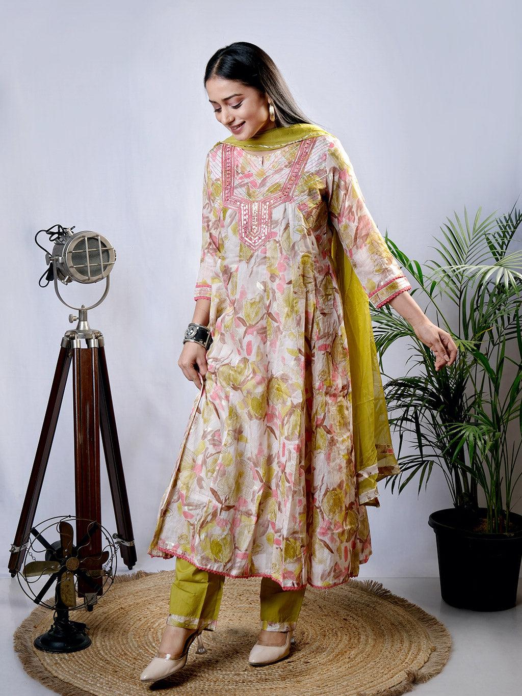 Ekisha's women printed mehandi embroidered cotton kurta and pant set with dupatta - Ekisha