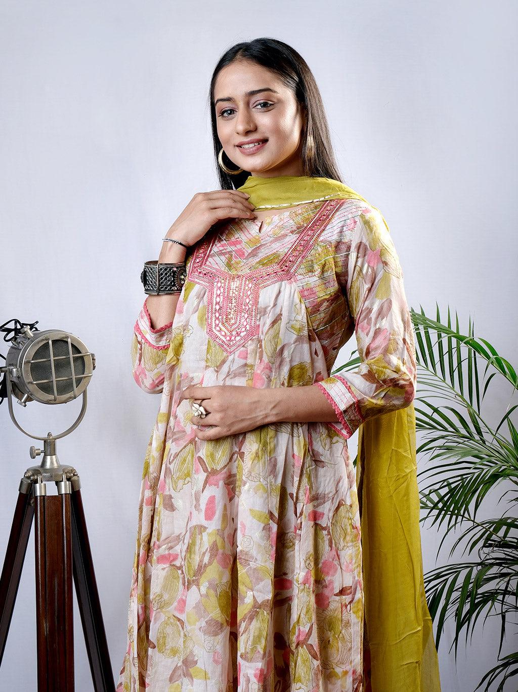 Ekisha's women printed mehandi embroidered cotton kurta and pant set with dupatta - Ekisha