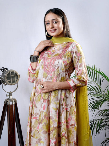Ekisha's women printed mehandi embroidered cotton kurta and pant set with dupatta - Ekisha