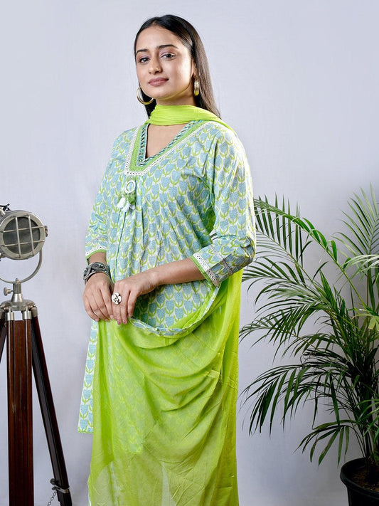 Ekisha's women printed green cotton kurta and dhoti pant set with dupatta - Ekisha