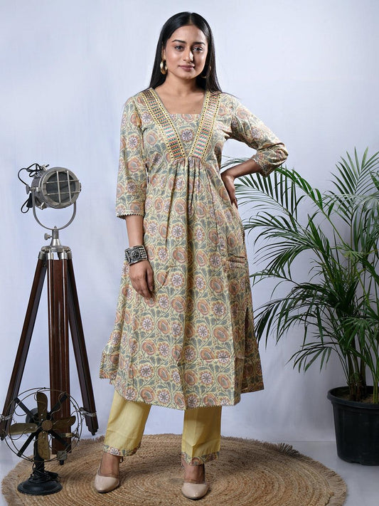 Ekisha's women printed mustard yellow cotton kurta and pant set - Ekisha