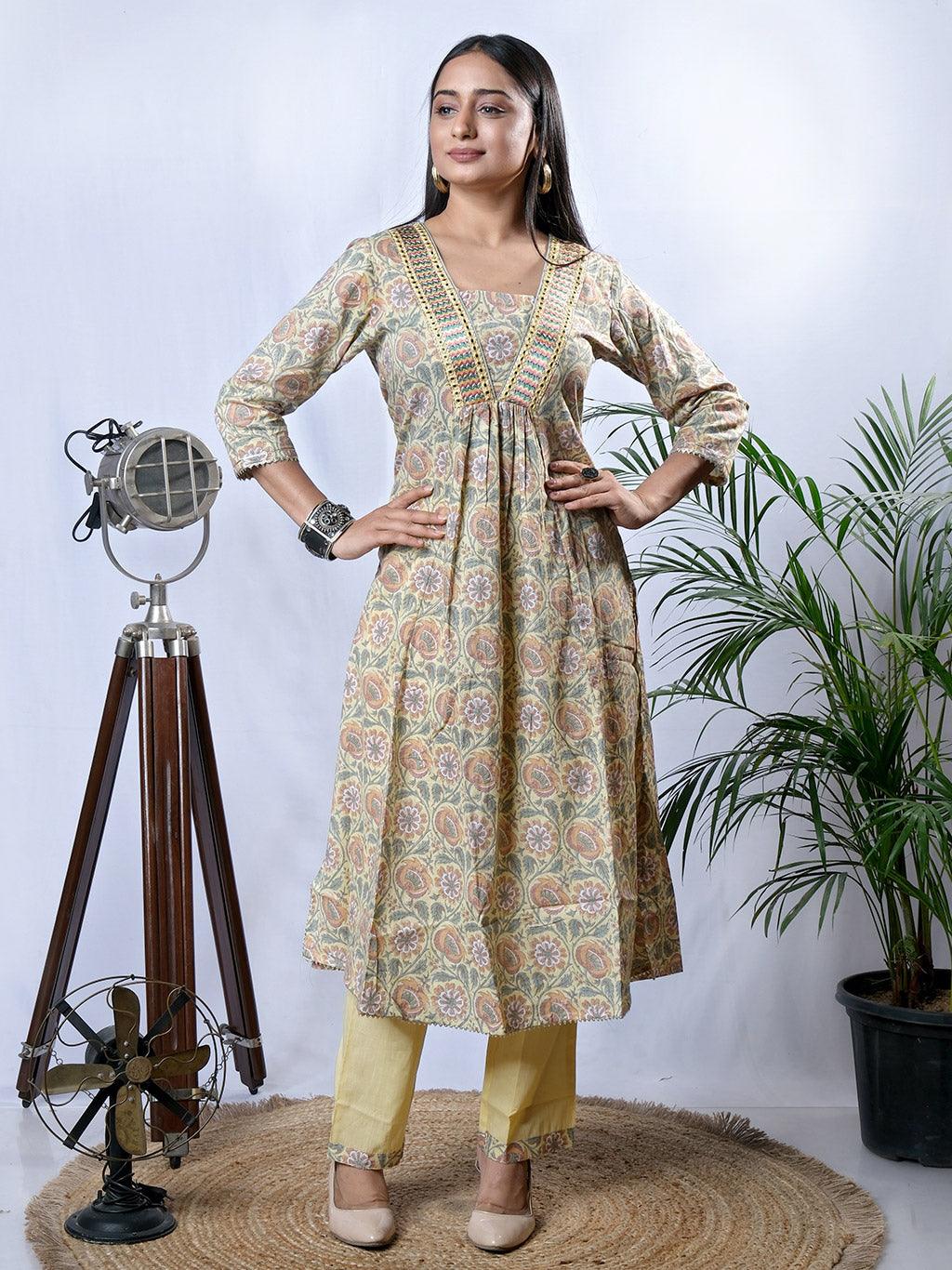 Ekisha's women printed mustard yellow cotton kurta and pant set - Ekisha