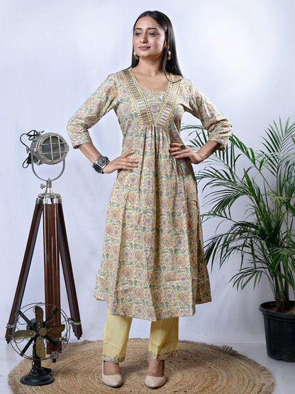 Ekisha's women printed mustard yellow cotton kurta and pant set - Ekisha