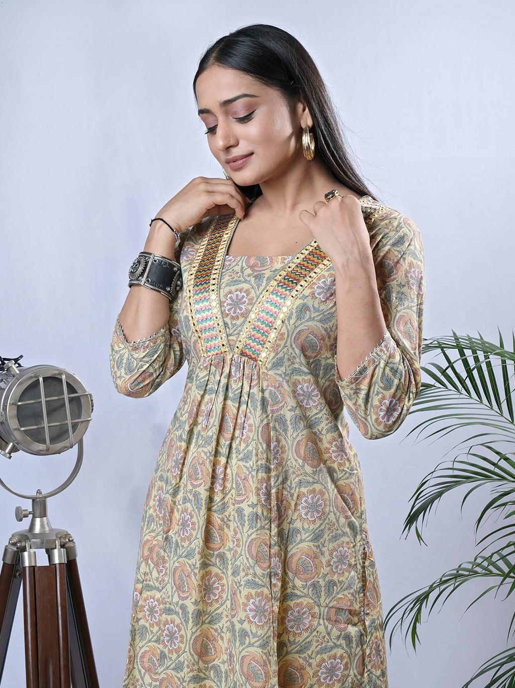 Ekisha's women printed mustard yellow cotton kurta and pant set - Ekisha