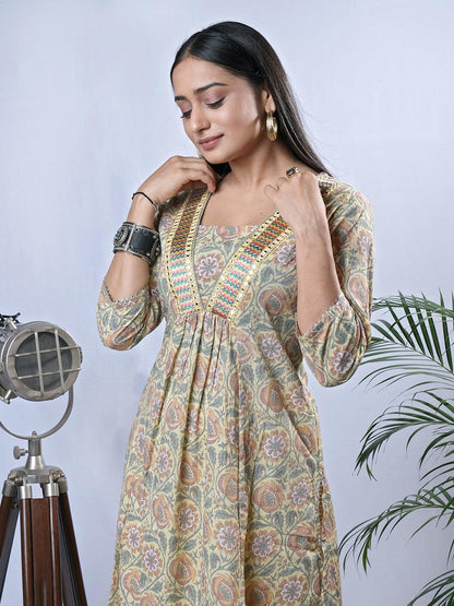 Ekisha's women printed mustard yellow cotton kurta and pant set - Ekisha