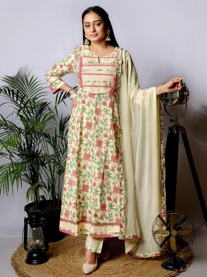 Ekisha's women printed yellow designer embroidered cotton kurta and pant set with dupatta - Ekisha