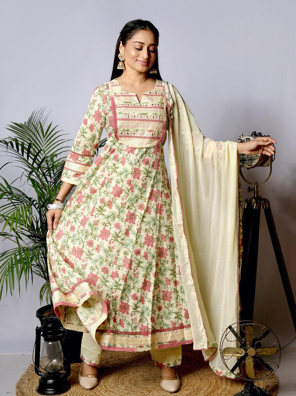 Ekisha's women printed yellow designer embroidered cotton kurta and pant set with dupatta - Ekisha
