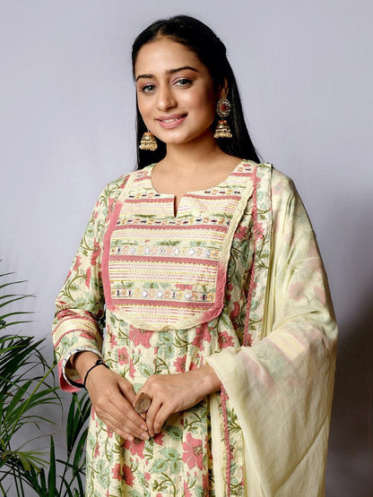 Ekisha's women printed yellow designer embroidered cotton kurta and pant set with dupatta - Ekisha