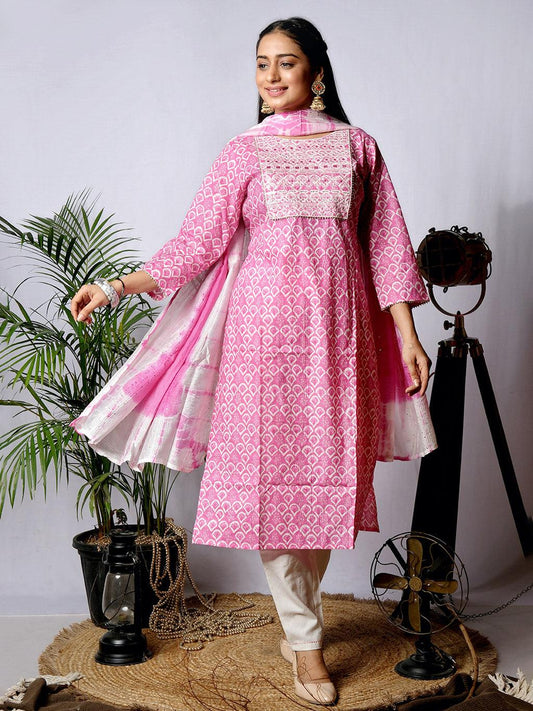Ekisha's women printed pink embroidered cotton kurta and pant set with dupatta - Ekisha