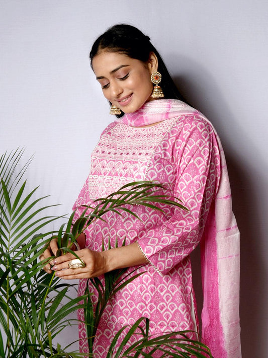 Ekisha's women printed pink embroidered cotton kurta and pant set with dupatta - Ekisha