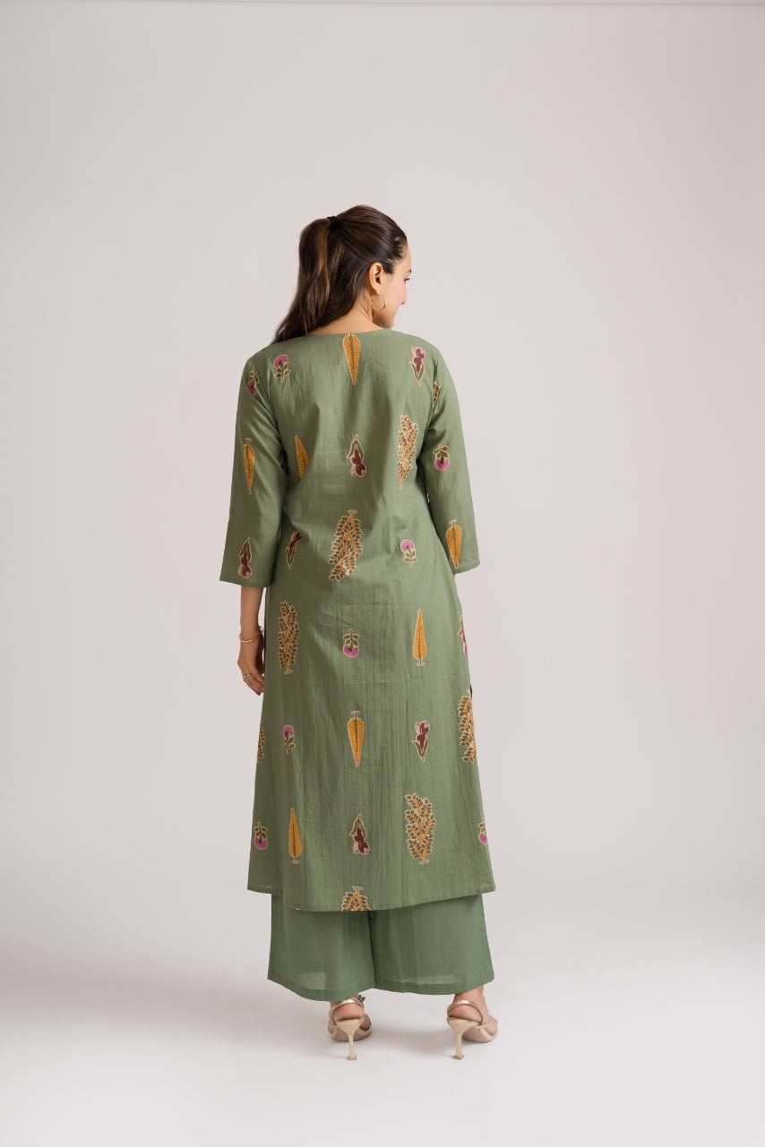 Close-up of mustard tulip cypress foliage and burgundy buta block print on sage green cotton – Ekisha