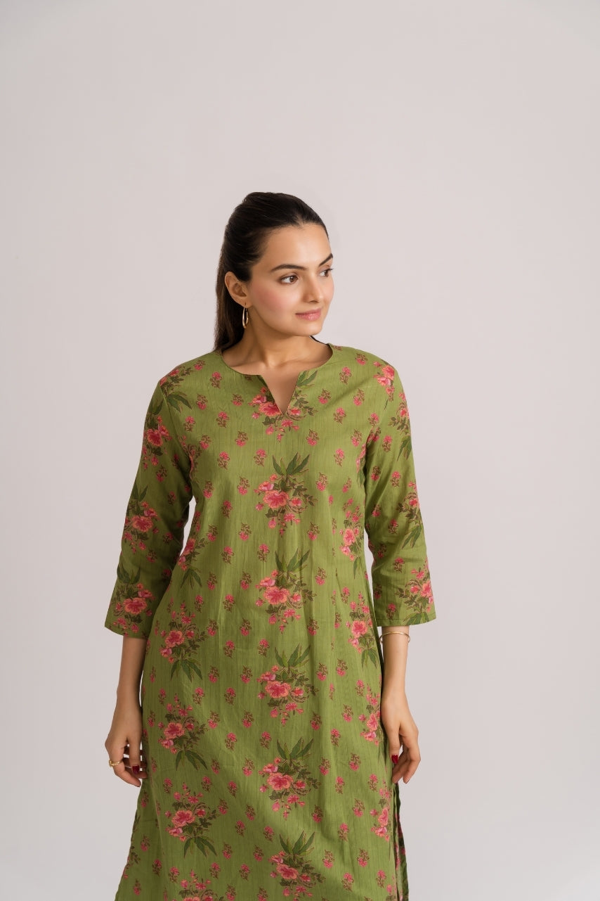 3/4 sleeve olive green cotton A-line kurta with dusty pink ditsy floral print – Ekisha coord set