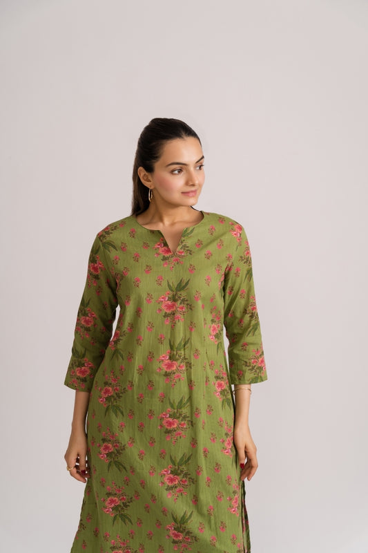 3/4 sleeve olive green cotton A-line kurta with dusty pink ditsy floral print – Ekisha coord set