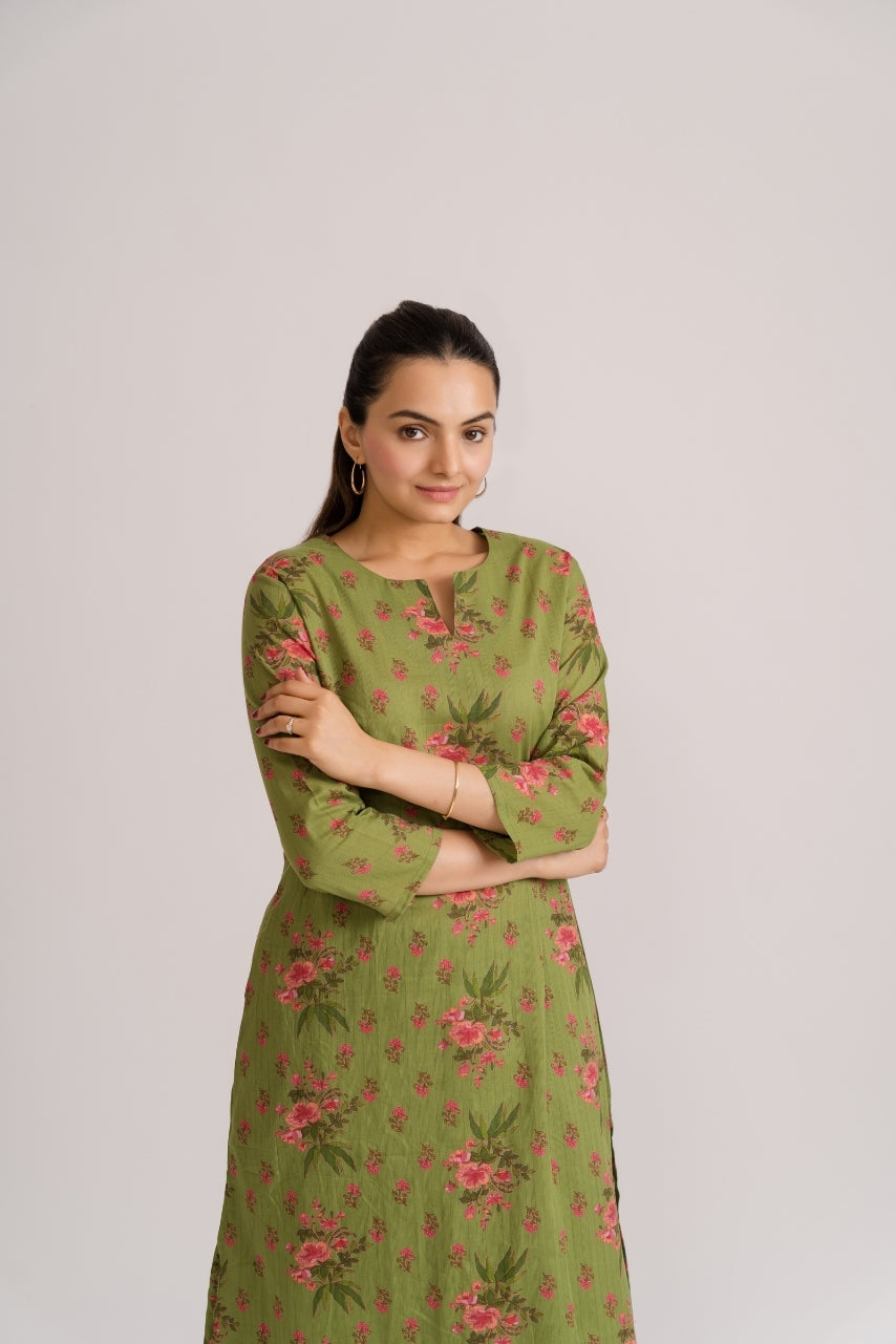 Solid olive green wide leg palazzo pants paired with floral print A-line kurta – Ekisha