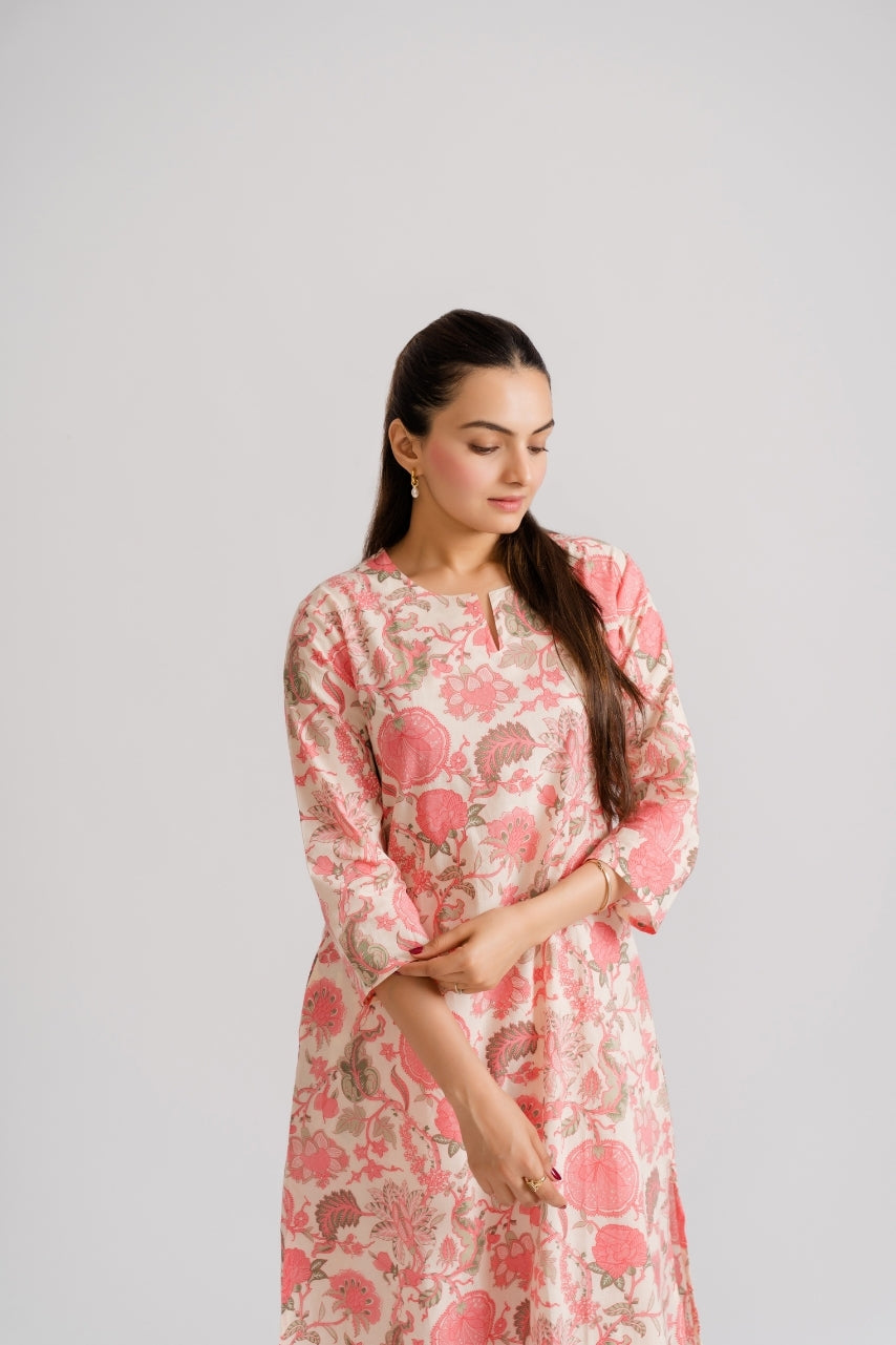 Full length shot of cream pink jaal floral block print coord set for women – Ekisha
