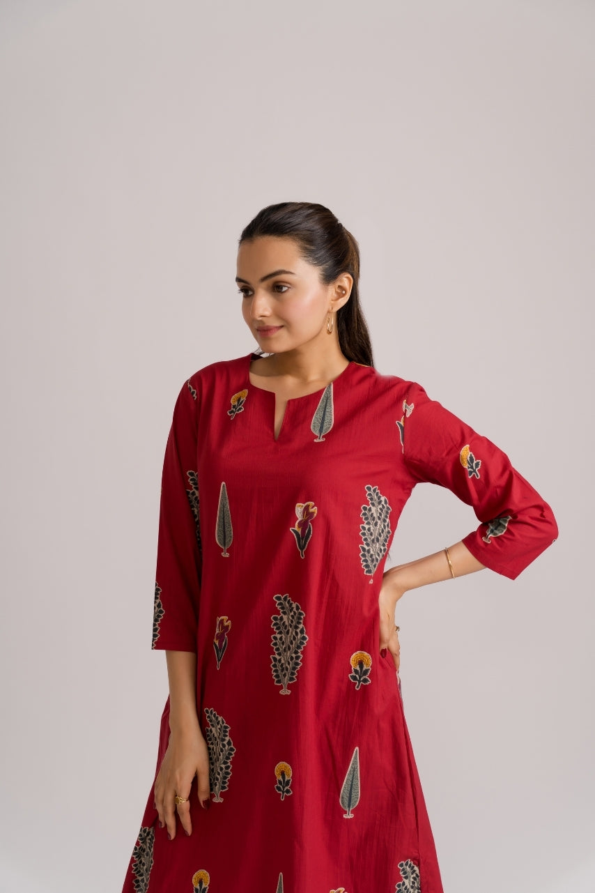 Matching red wide leg palazzo pants with mughal garden block print – Ekisha coord set
