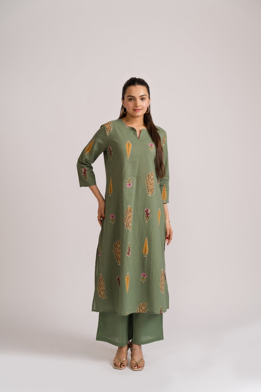 Full length shot of sage green mughal botanical block print coord set for women – Ekisha