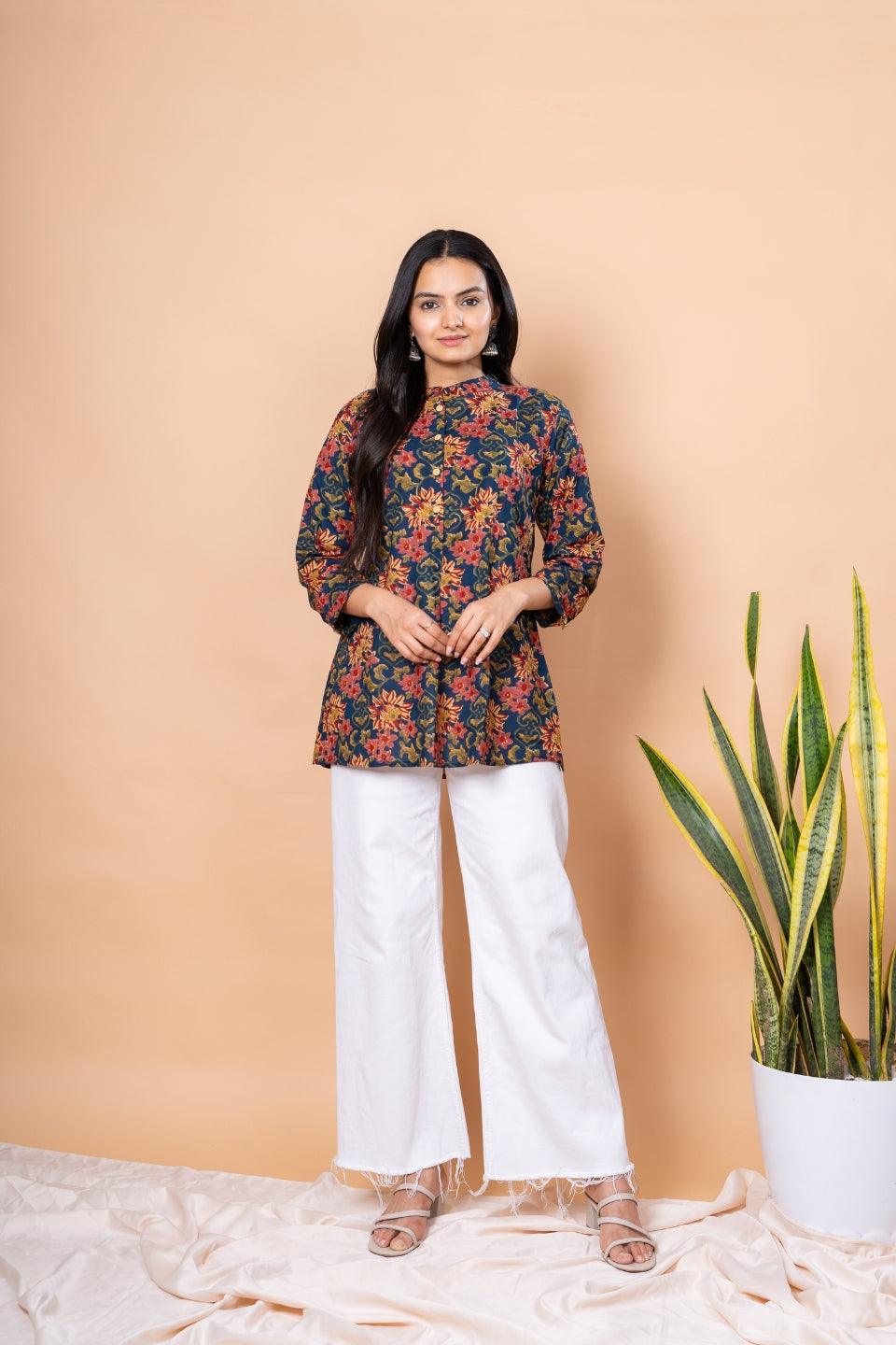 Ekisha's women blue multicolor floral printed cotton tunic top short kurti, front view