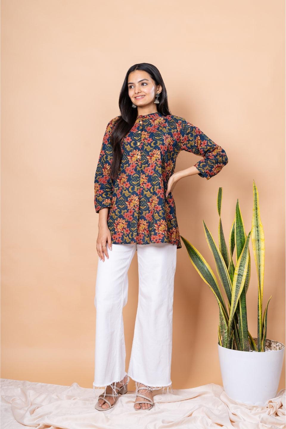 Ekisha's women blue multicolor floral printed cotton tunic top short kurti, side view