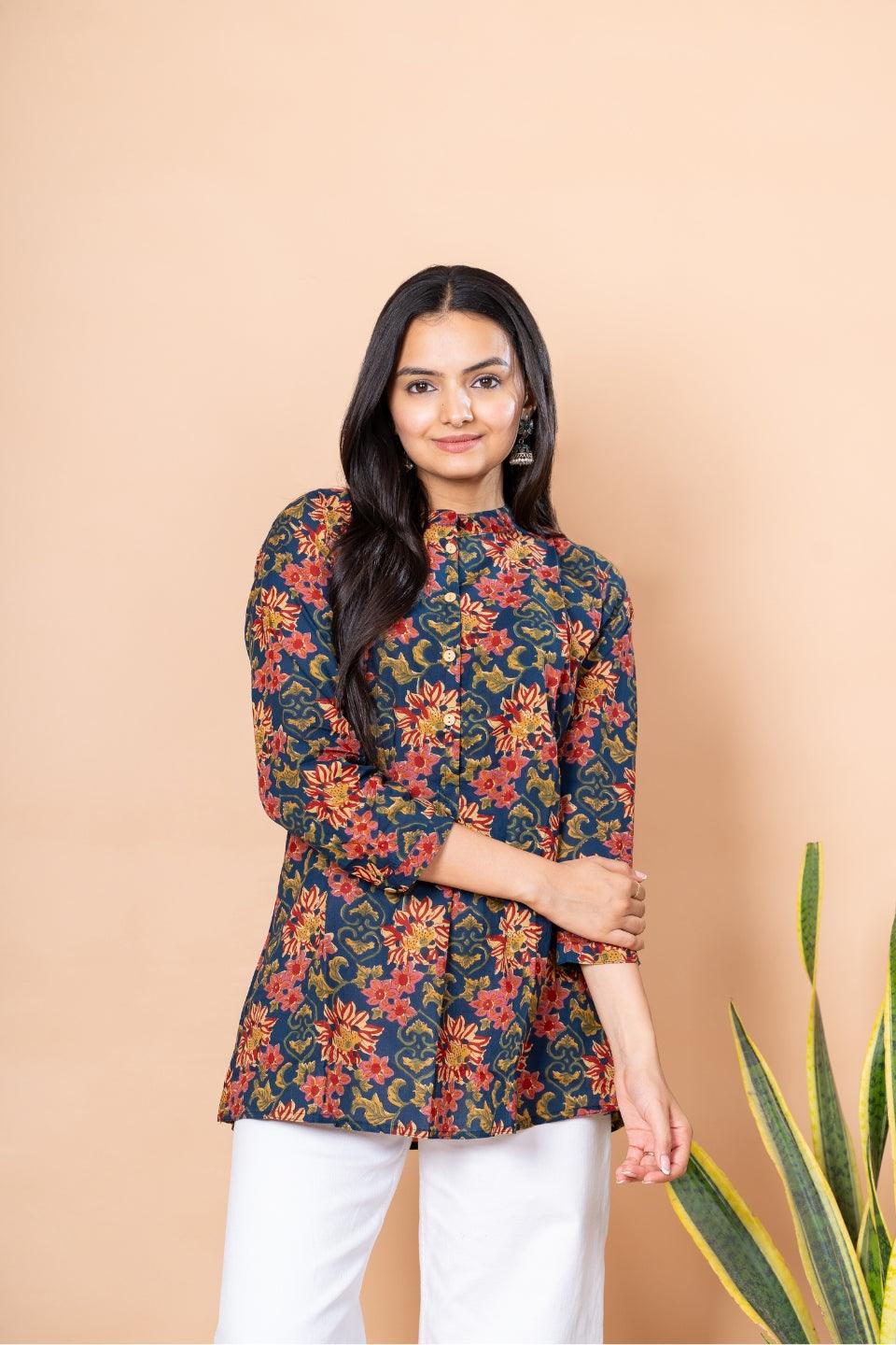 Ekisha's women blue multicolor floral printed cotton tunic top short kurti, front view 1