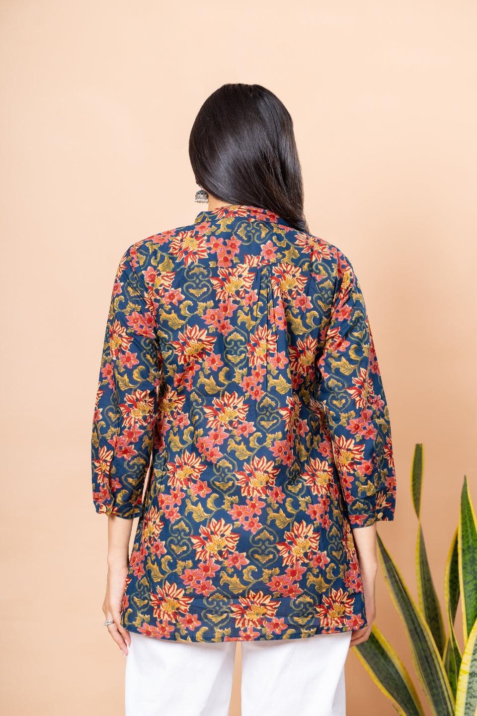 Ekisha's women blue multicolor floral printed cotton tunic top short kurti, back view