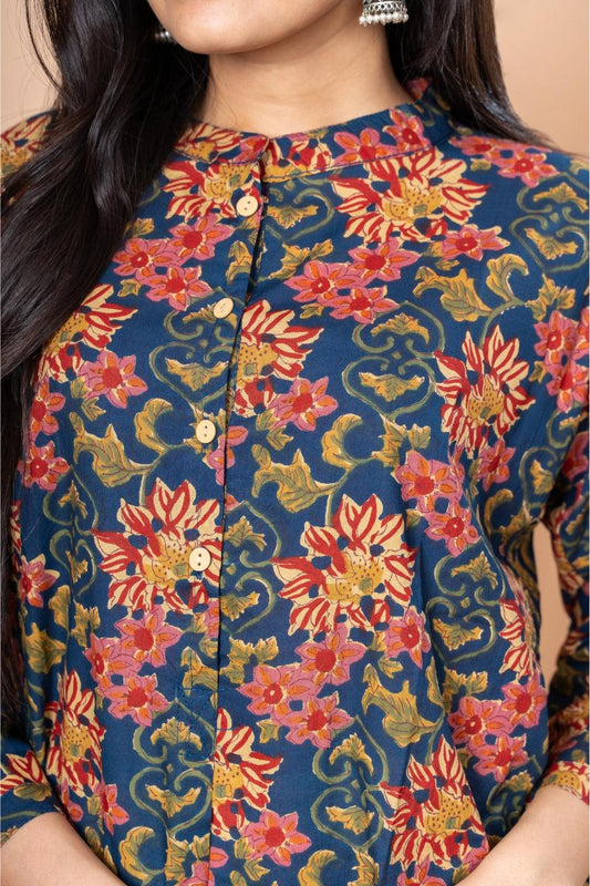Ekisha's women blue multicolor floral printed cotton tunic top short kurti - Ekisha