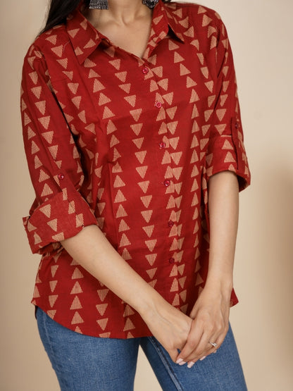 Ekisha Women cotton maroon triangle printed relaxed fit shirt, detailed view