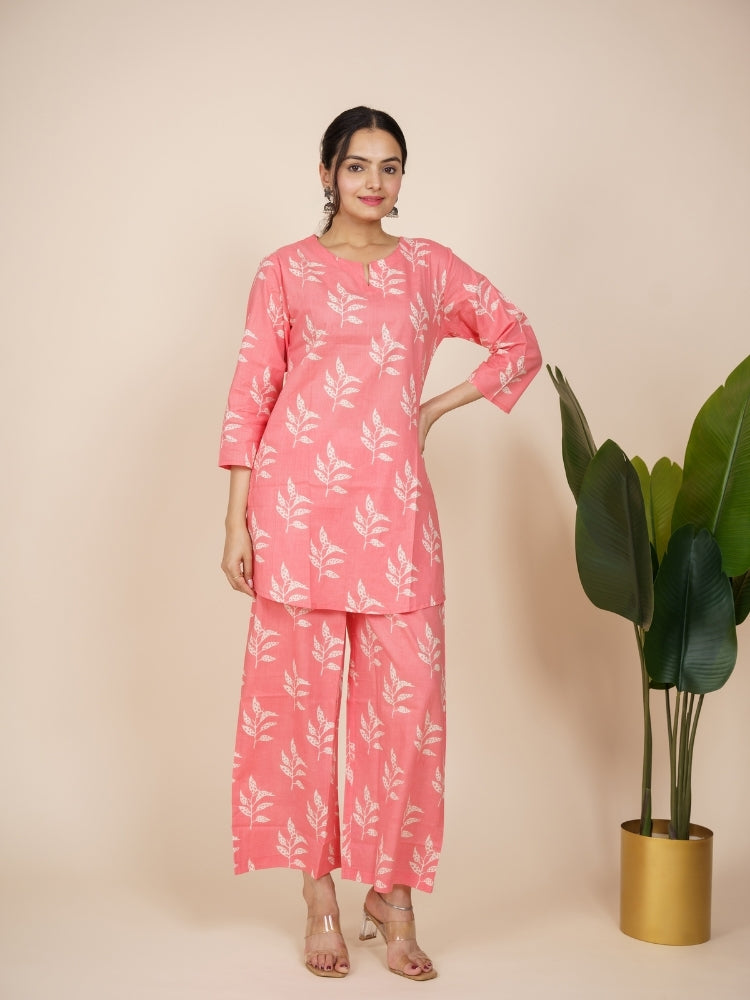 Ekisha's women peachish pink floral printed cotton co-ord set lounge wear, front view 4