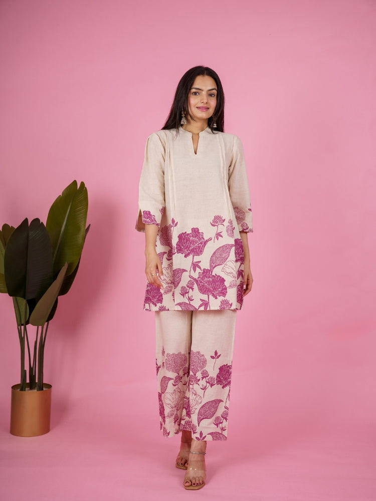 Ekisha's women white wine panel floral printed cotton co-ord set lounge wear, front view 2