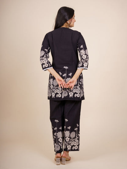 Ekisha's women black designer panel printed cotton co-ord set lounge wear, back view