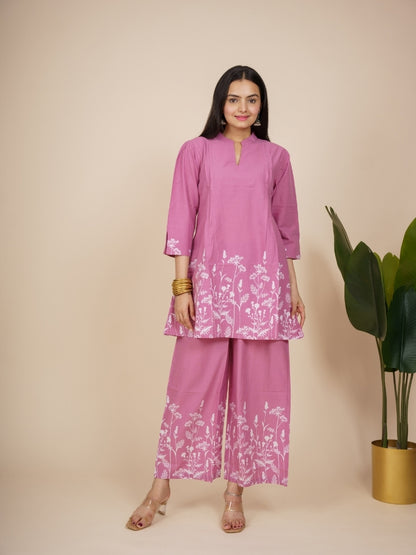 Ekisha's women pink panel floral printed cotton co-ord set lounge wear, front view 2